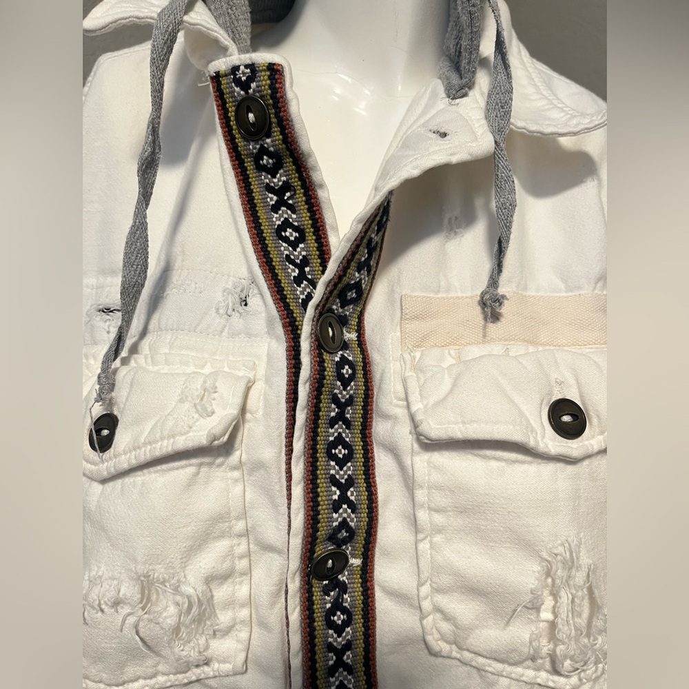 Free People Women’s Weekend Wanderer White /Gray Hood LS BD Cotton Jacket Size S - Picture 5 of 16
